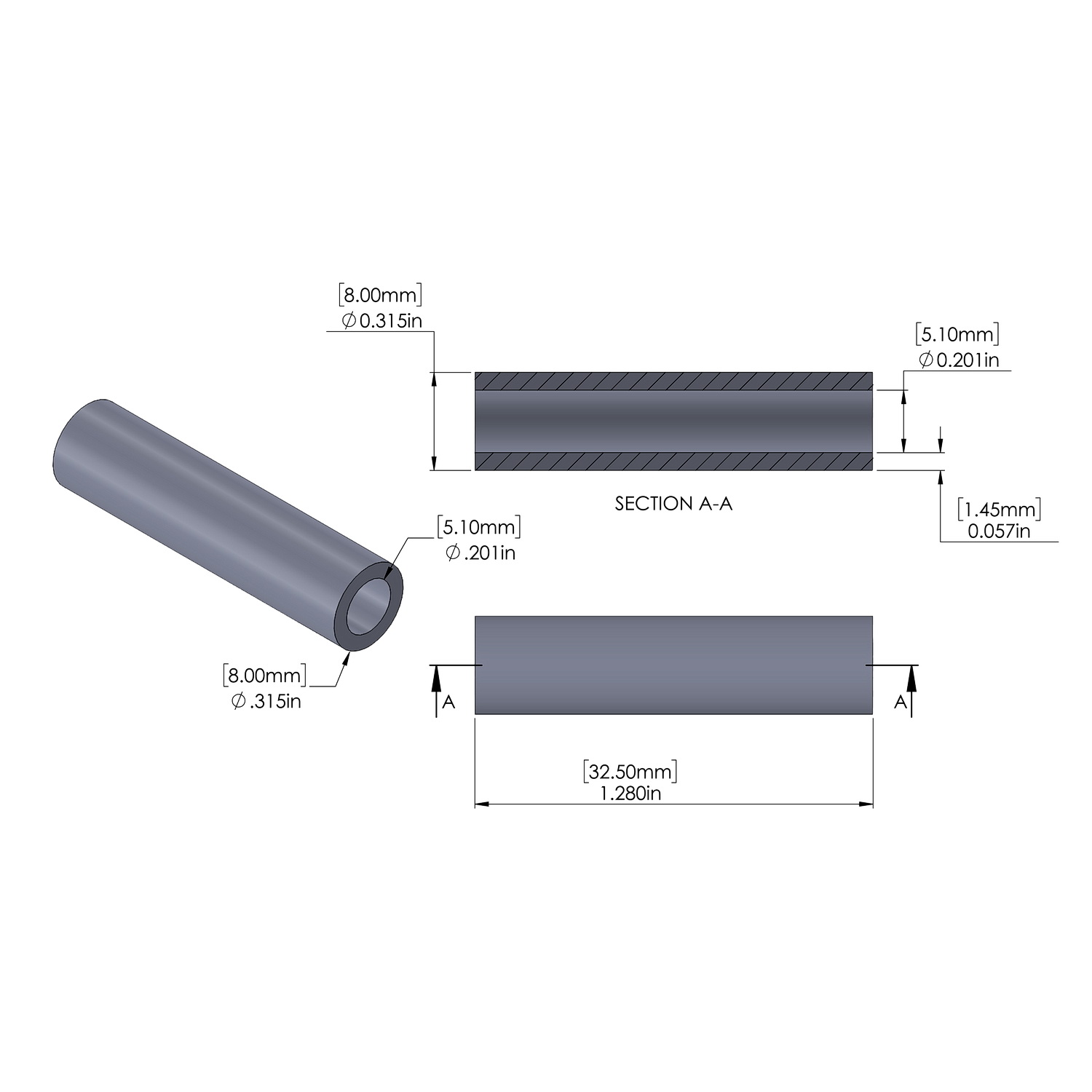 Aluminum Spacer 8mm OD x 5.1mm ID x 32.5mm Long, Plain Aluminum Finish
