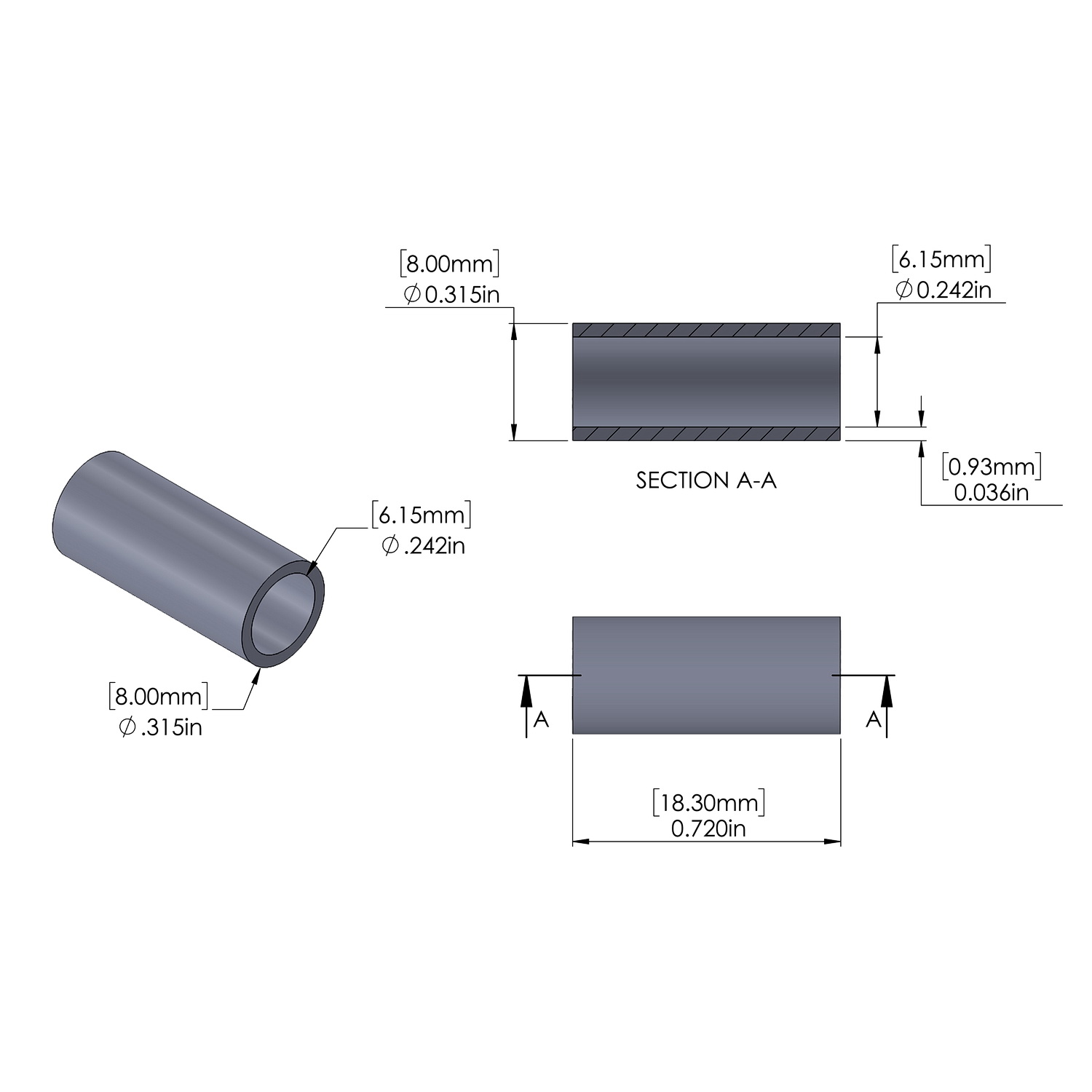 Aluminum Spacer 8mm OD x 6.15mm ID x 18.3mm Long, Plain Aluminum Finish