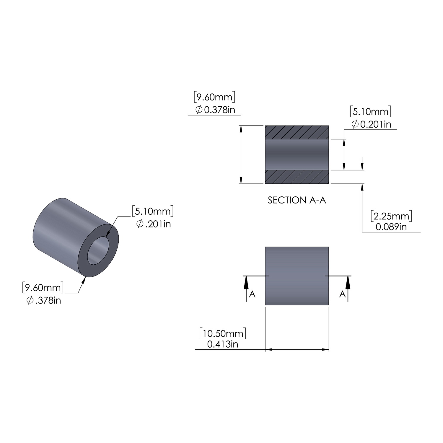 Aluminum Spacer 9.6mm OD x 5.1mm ID x 10.5mm Long, Plain Aluminum Finish