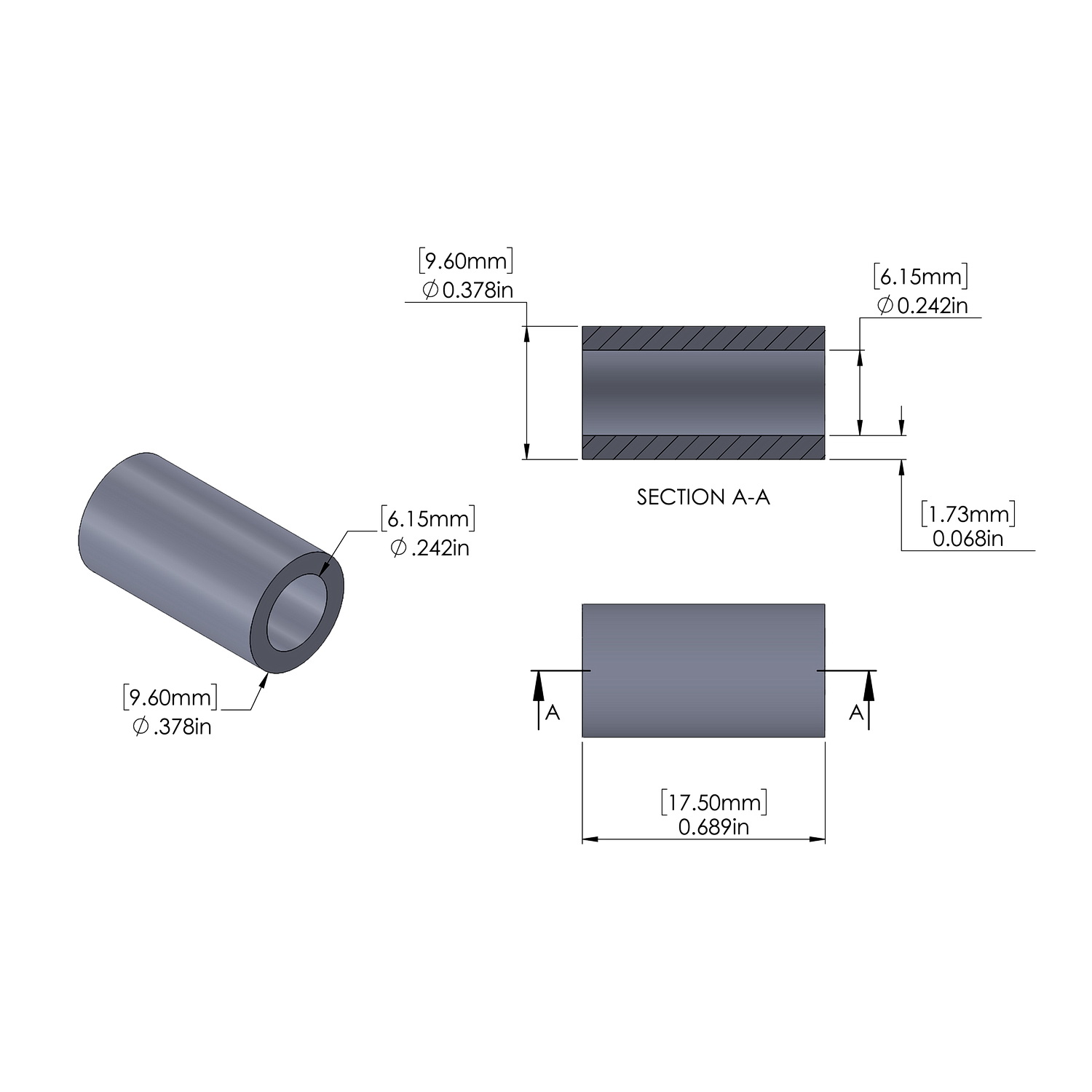 Aluminum Spacer 9.6mm OD x 6.15mm ID x 17.5mm Long, Plain Aluminum Finish