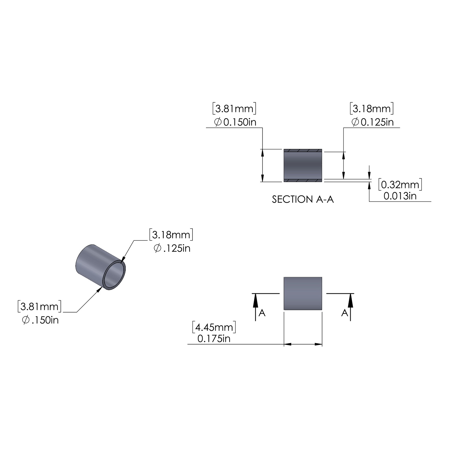 Steel Spacer .150'' OD x .125'' ID x .175'' Long, Brushed Finish