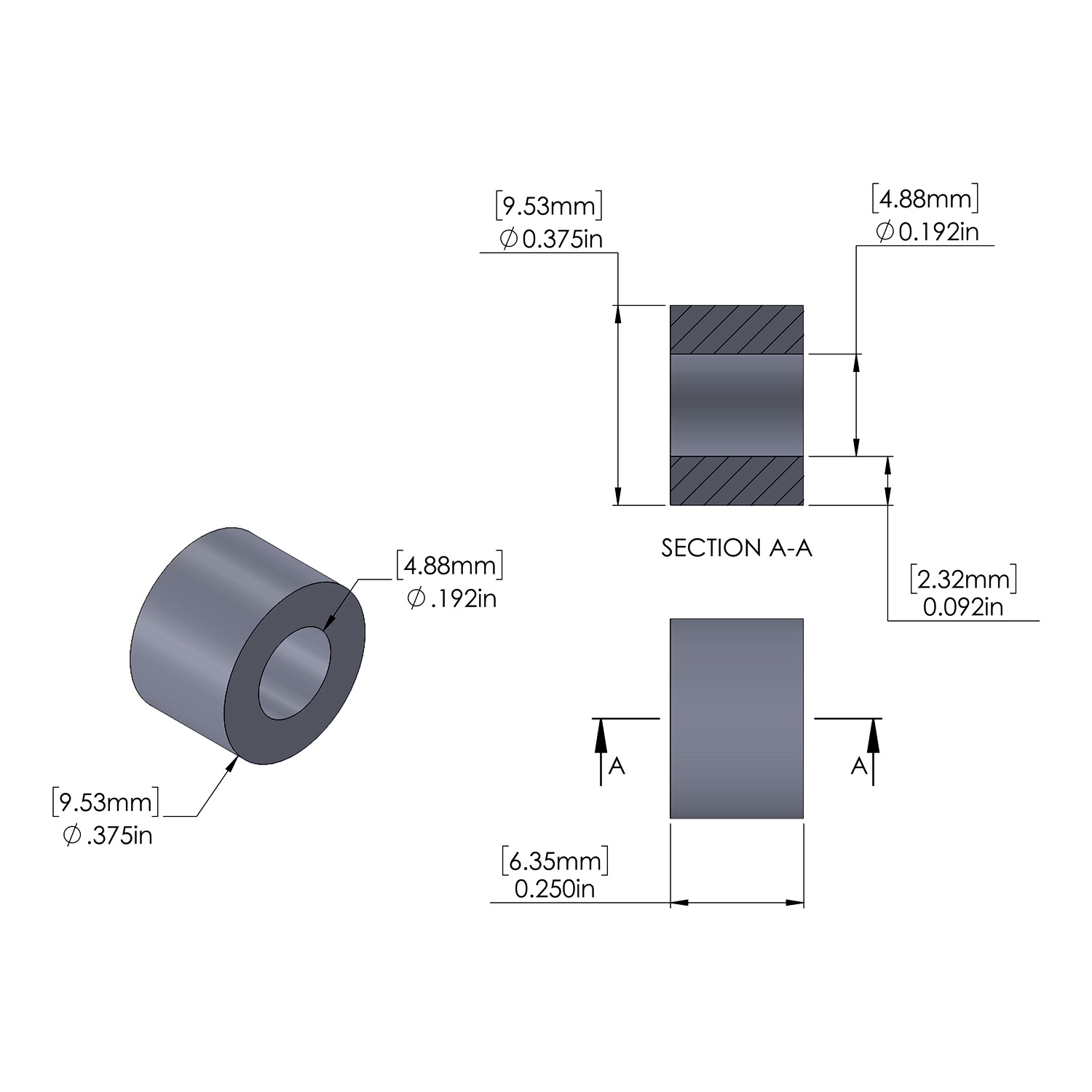 Steel Spacer 3/8'' OD x .192'' ID x 1/4'' Long