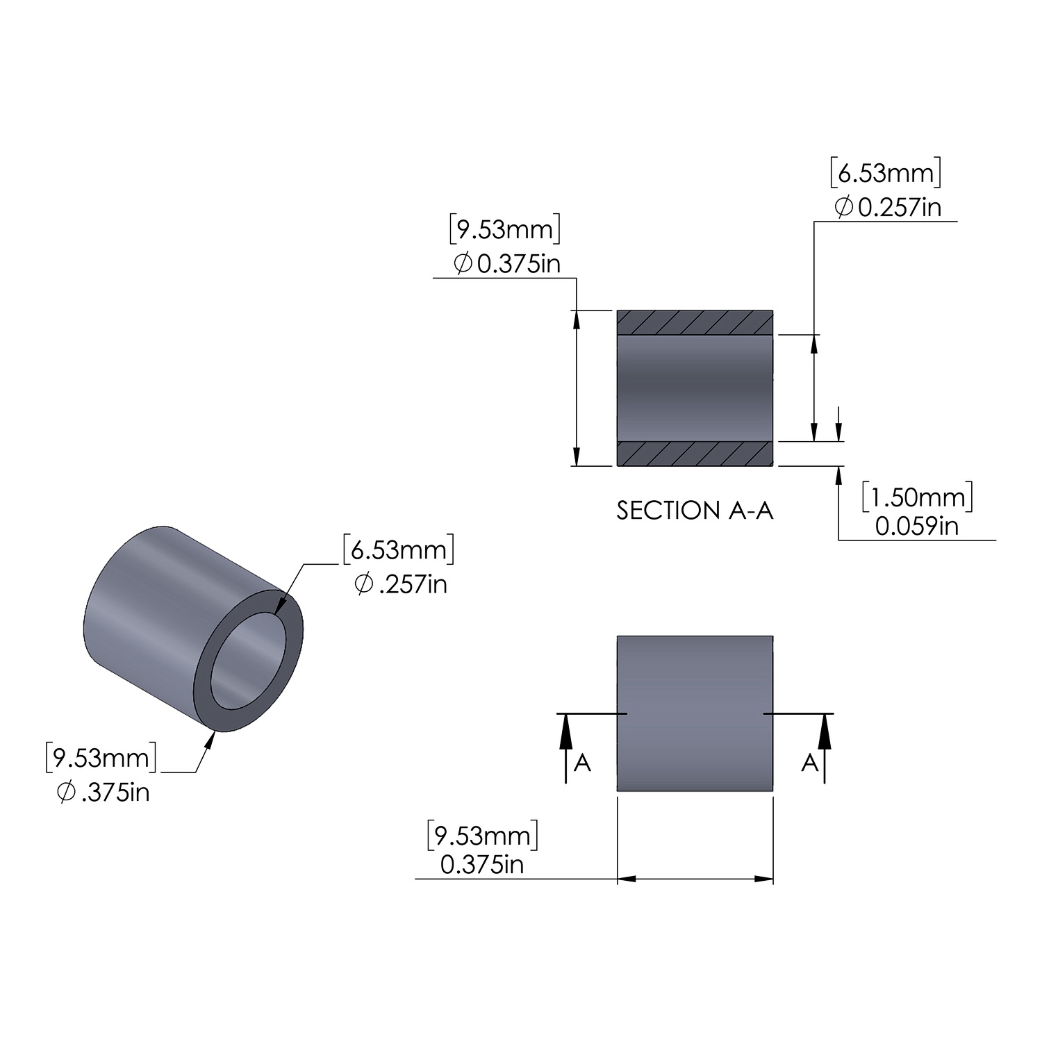 Steel Spacer 3/8'' OD x .257'' ID x 3/8'' Long