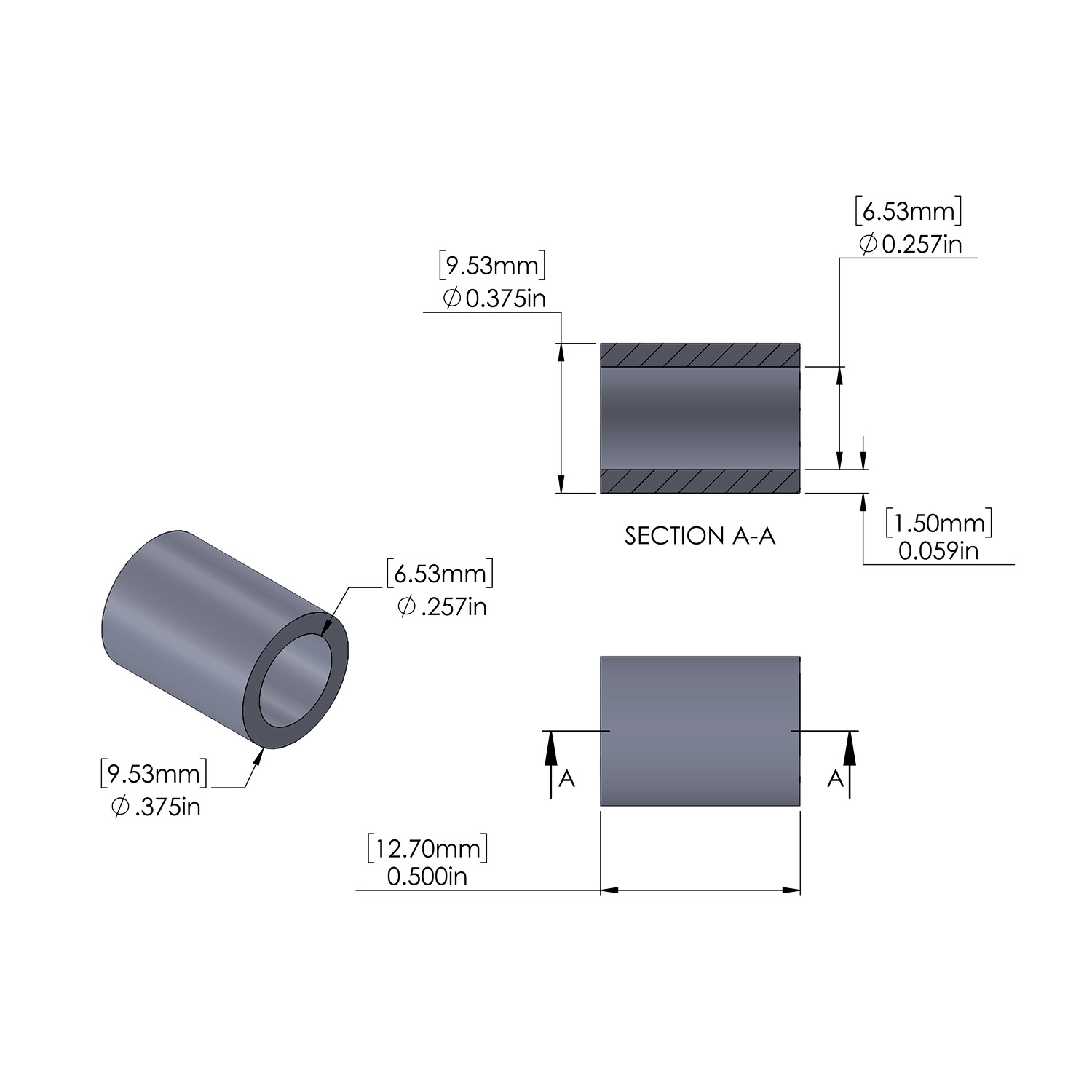 Steel Spacer 3/8'' OD x .257'' ID x 1/2'' Long