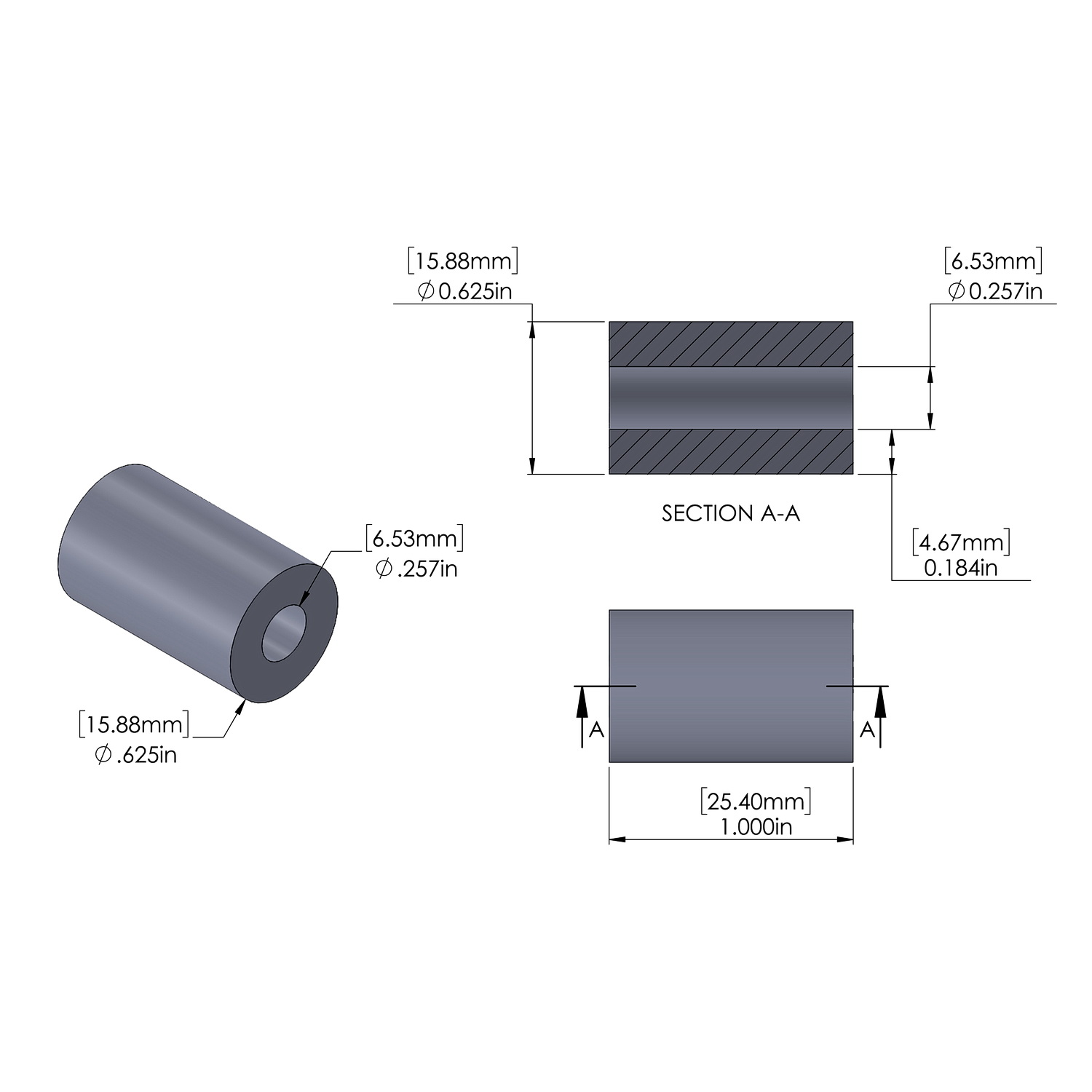 Steel Spacer 5/8'' OD x .257'' ID x 1.000'' Long