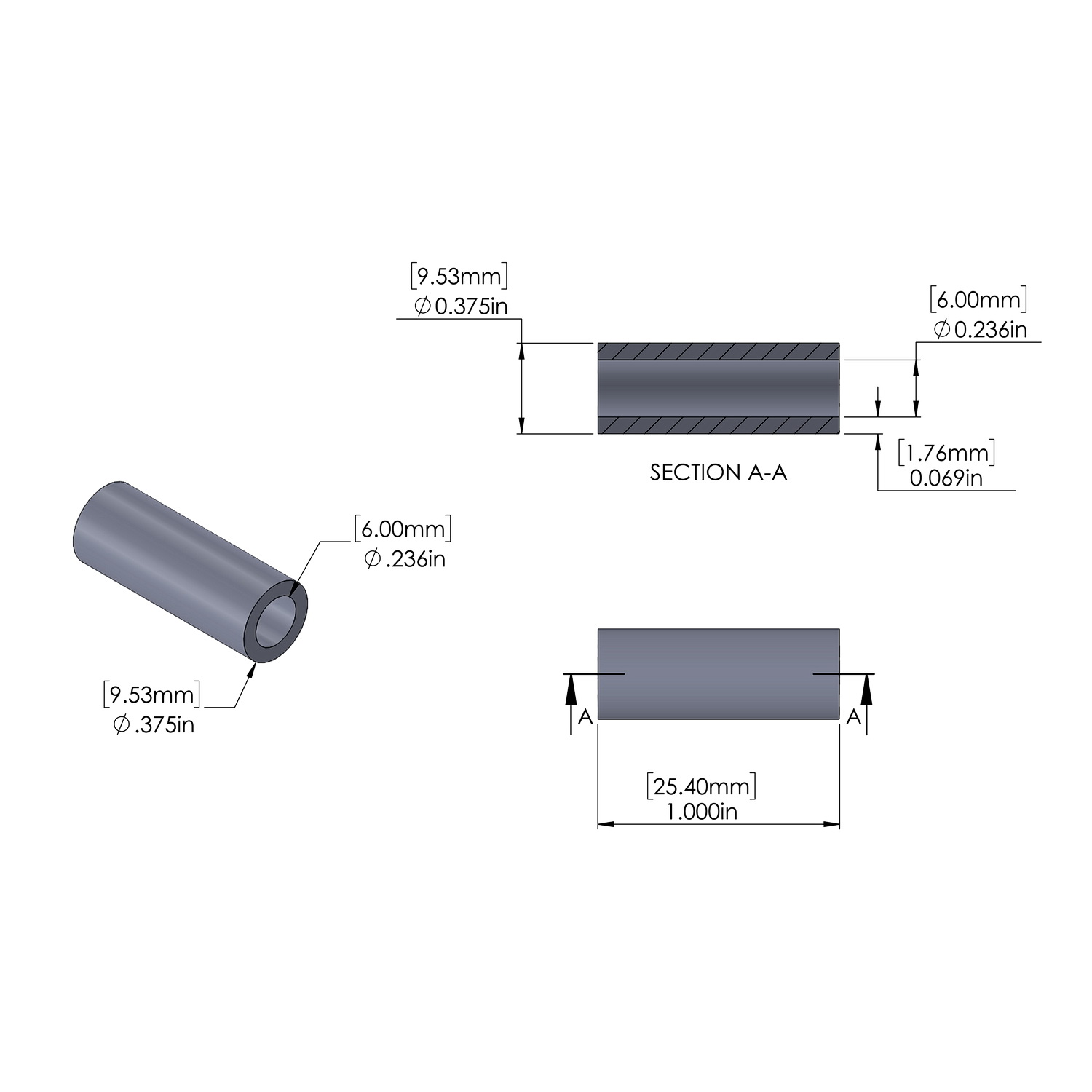 Stainless Steel Spacer 3/8'' OD x 6mm ID x 1.000'' Long