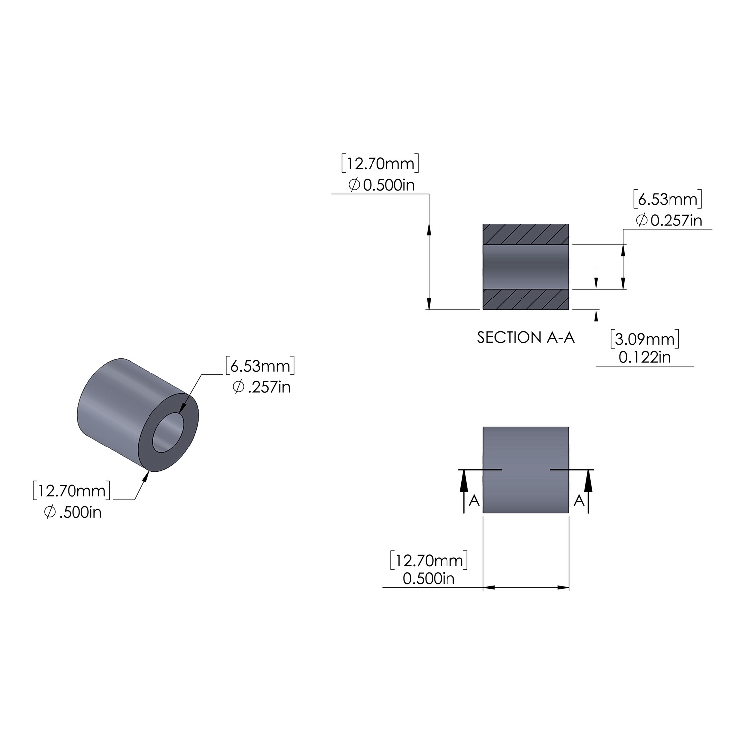 Stainless Steel Spacer 1/2'' OD x .257'' ID x 1/2'' Long