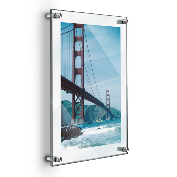 (1) Clear Acrylic Wall Frame with (4) 5/8'' x 3/4'' Brushed Stainless Steel Standoffs includes Screws and Anchors