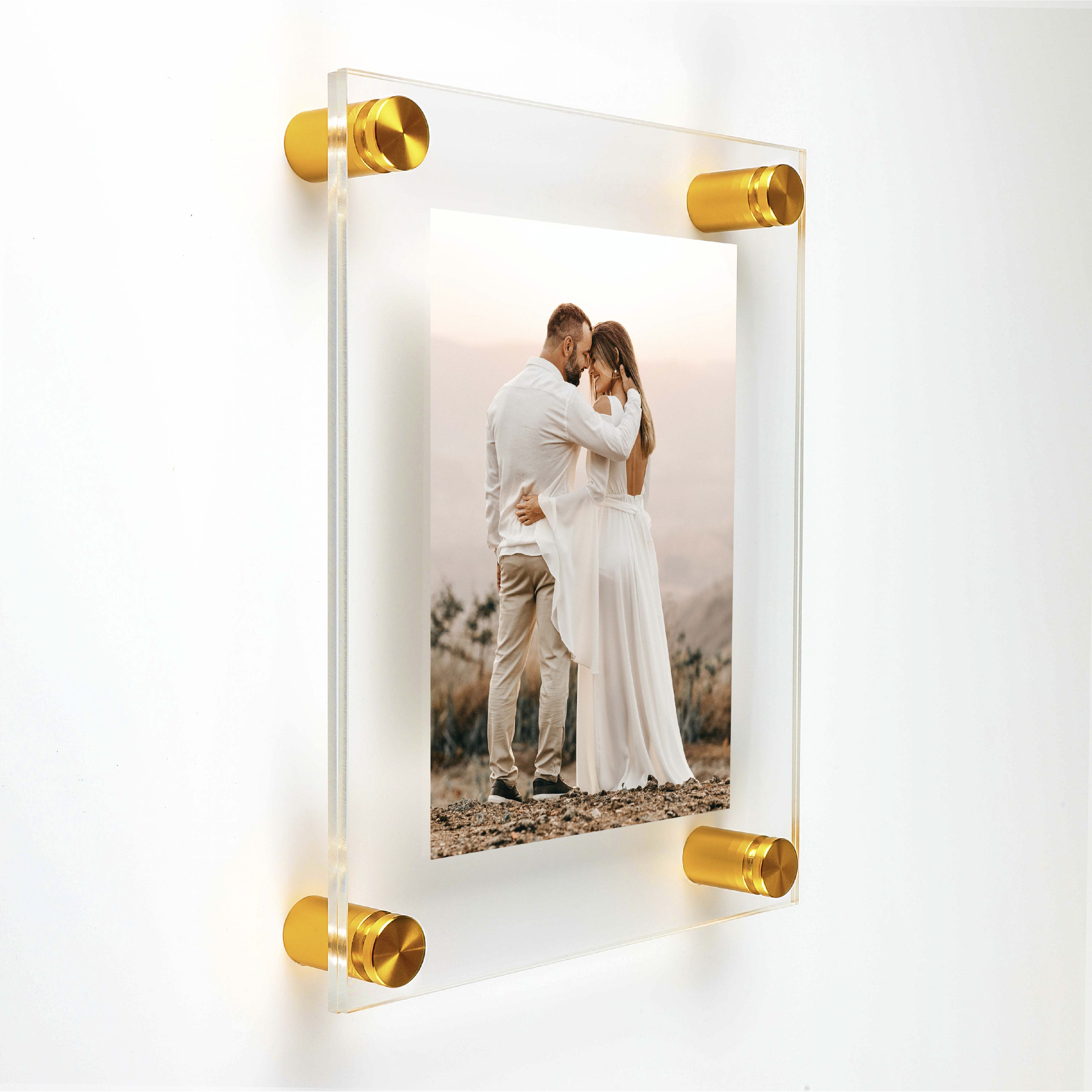(2) 13-1/2'' x 16-1/2'' Clear Acrylics , Pre-Drilled With Polished Edges (Thick 1/8'' each), Wall Frame with (4) 3/4'' x 1'' Gold Anodized Aluminum Standoffs includes Screws and Anchors