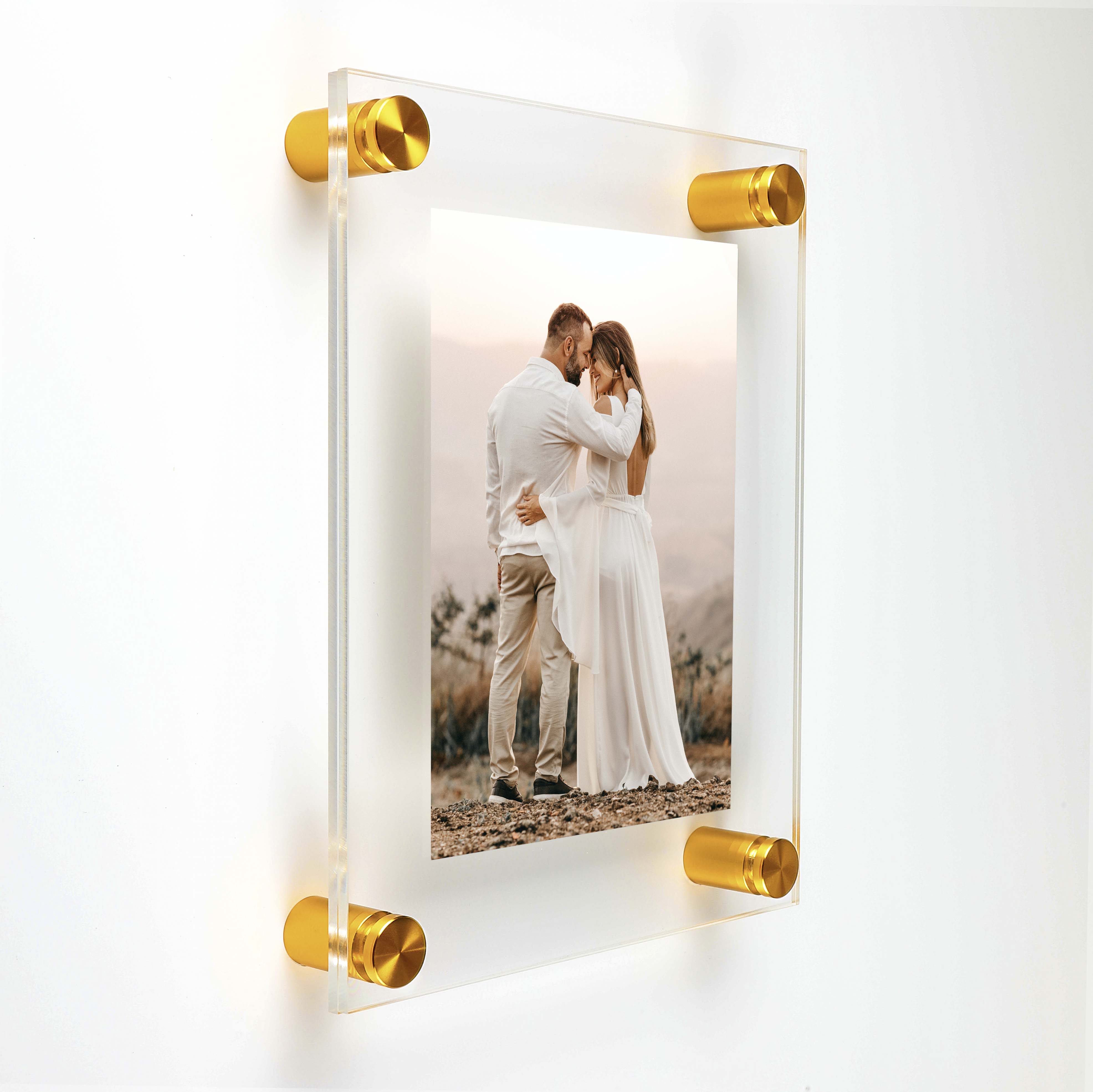 1) 13-1/2'' x 19-1/2'' Clear Acrylic Wall Frame with (4) 5/8'' x 3/4'' Gold  Anodized Aluminum Standoffs includes Screws and Anchors