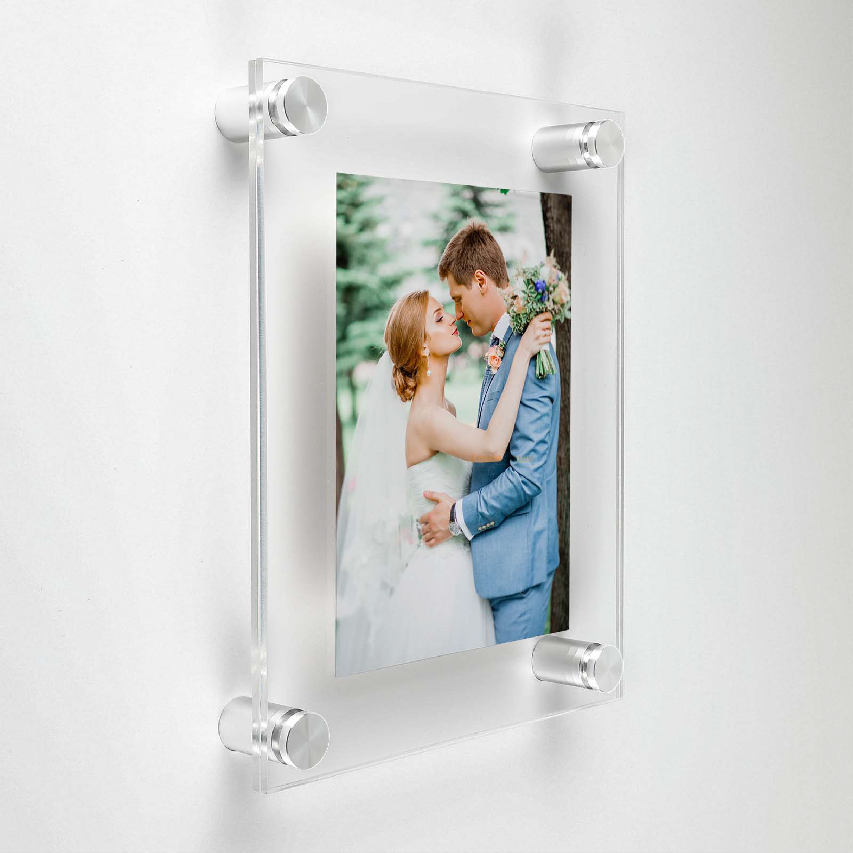(1) 23-3/4'' x 29-3/4'' Clear Acrylic Wall Frame with (4) 3/4'' x 1'' Silver Anodized Aluminum Standoffs includes Screws and Anchors