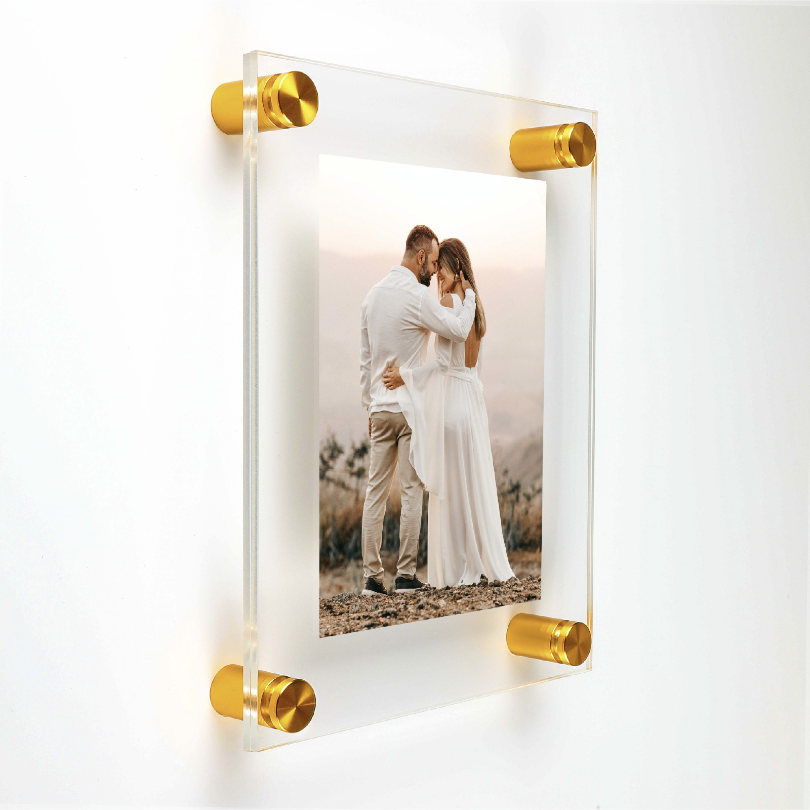 (1) Clear Acrylic Wall Frame with (4) 5/8'' x 1/2'' Gold Anodized Aluminum Standoffs includes Screws and Anchors