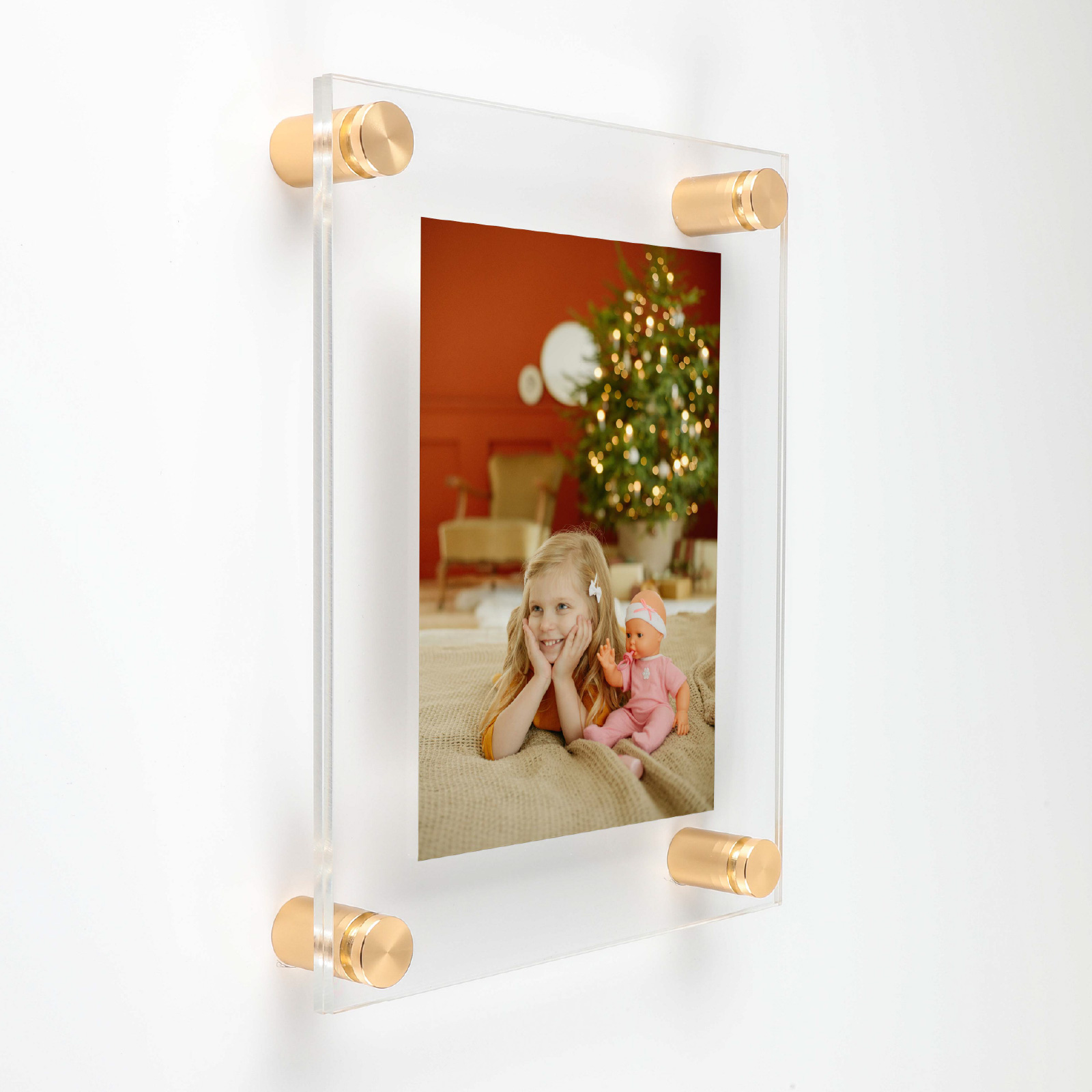 (1) Clear Acrylic Wall Frame with (4) 3/4'' x 1/2'' Champagne Anodized Aluminum Standoffs includes Screws and Anchors