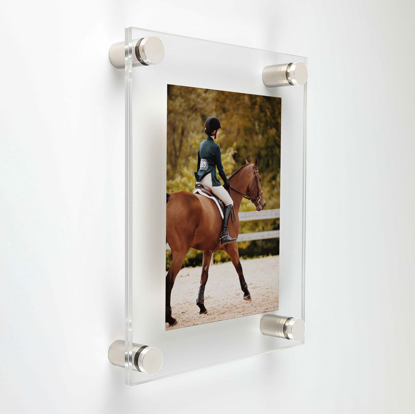 (2) 11'' x 13-1/2'' Clear Acrylics , Pre-Drilled With Polished Edges (Thick 1/8'' each), Wall Frame with (4) 3/4'' x 1/2'' Polished Stainless Steel Standoffs includes Screws and Anchors