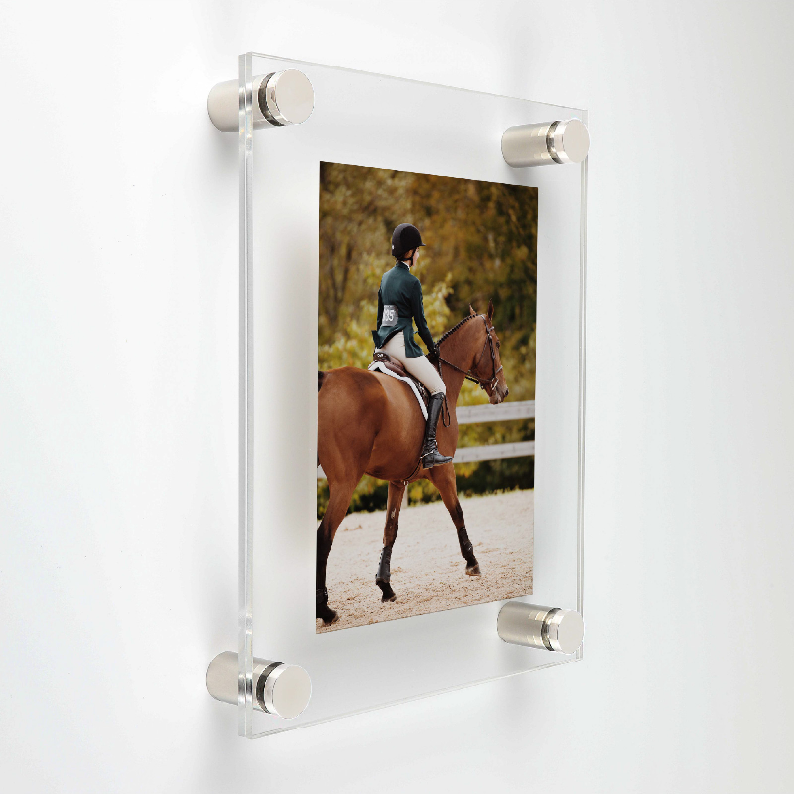 (1) 11'' x 13-1/2'' Clear Acrylic Wall Frame with (4) 3/4'' x 1/2'' Polished Stainless Steel Standoffs includes Screws and Anchors