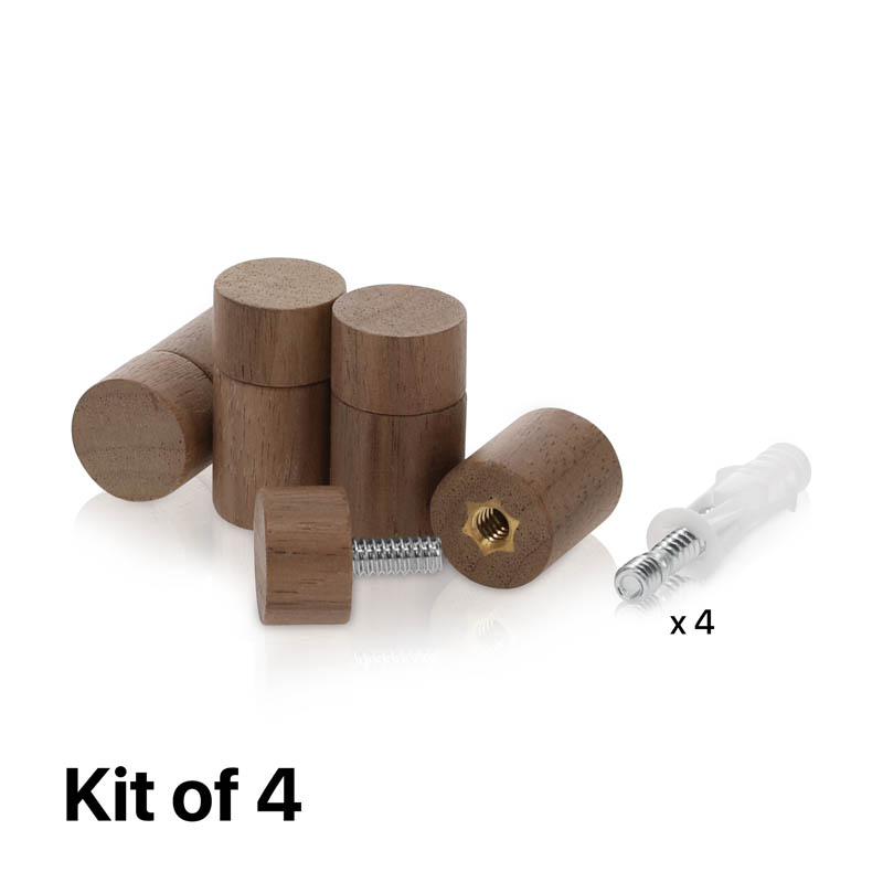 (Set of 4) 5/8'' Diameter X 3/4'' Barrel Length, Wooden Flat Head Standoffs, Matte Walnut Wood Finish, Easy Fasten Standoff, Included Hardware (For Inside Use). Required Material Hole Size: 1/4'' [Required Material Hole Size: 1/4'']