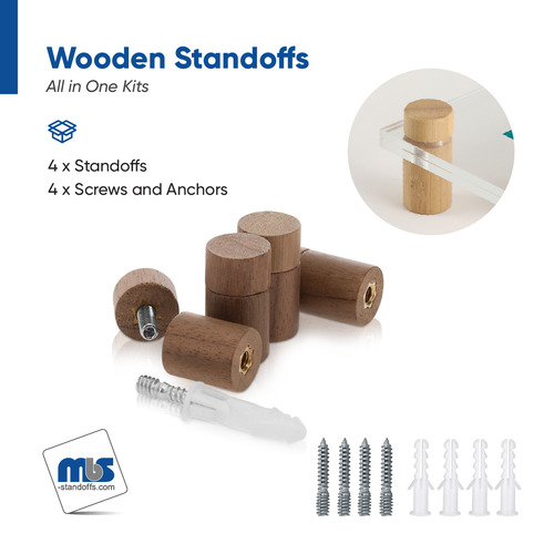 (Set of 4) 5/8'' Diameter X 3/4'' Barrel Length, Wooden Flat Head Standoffs, Matte Walnut Wood Finish, Easy Fasten Standoff, Included Hardware (For Inside Use). Required Material Hole Size: 1/4'' [Required Material Hole Size: 1/4'']
