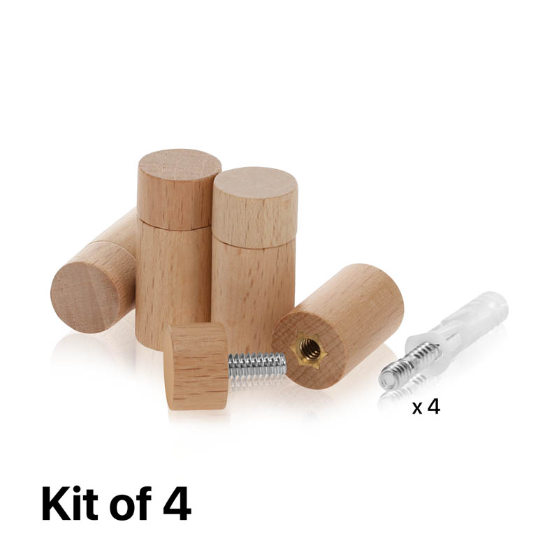 (Set of 4) 5/8'' Diameter X 1'' Barrel Length, Wooden Flat Head Standoffs, Matte Beech Wood Finish, Easy Fasten Standoff, Included Hardware (For Inside Use). Required Material Hole Size: 1/4'' [Required Material Hole Size: 1/4'']