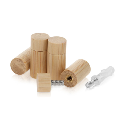 (Set of 4) 5/8'' Diameter X 1'' Barrel Length, Wooden Flat Head Standoffs, Matte Bamboo Wood Finish, Easy Fasten Standoff, Included Hardware (For Inside Use). Required Material Hole Size: 1/4'' [Required Material Hole Size: 1/4'']