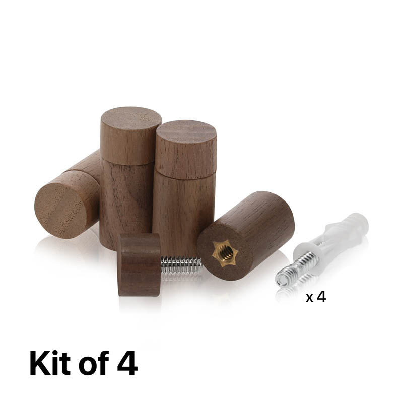 (Set of 4) 5/8'' Diameter X 1'' Barrel Length, Wooden Flat Head Standoffs, Matte Walnut Wood Finish, Easy Fasten Standoff, Included Hardware (For Inside Use). Required Material Hole Size: 1/4'' [Required Material Hole Size: 1/4'']