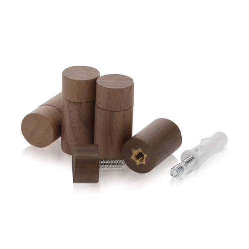 (Set of 4) 5/8'' Diameter X 1'' Barrel Length, Wooden Flat Head Standoffs, Matte Walnut Wood Finish, Easy Fasten Standoff, Included Hardware (For Inside Use). Required Material Hole Size: 1/4'' [Required Material Hole Size: 1/4'']