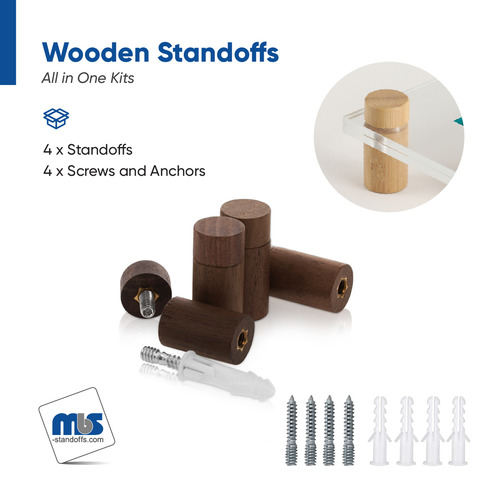 (Set of 4) 5/8'' Diameter X 1'' Barrel Length, Wooden Flat Head Standoffs, Matte Walnut Wood Finish, Easy Fasten Standoff, Included Hardware (For Inside Use). Required Material Hole Size: 1/4'' [Required Material Hole Size: 1/4'']