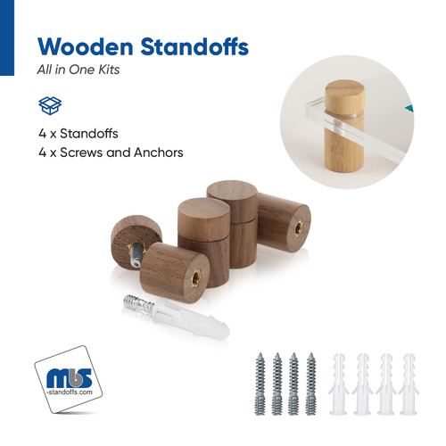 (Set of 4) 3/4'' Diameter X 3/4'' Barrel Length, Wooden Flat Head Standoffs, Matte Walnut Wood Finish, Easy Fasten Standoff, Included Hardware (For Inside Use) [Required Material Hole Size: 5/16'']