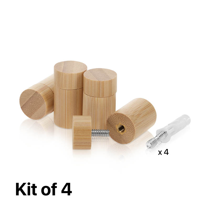 (Set of 4) 3/4'' Diameter X 1'' Barrel Length, Wooden Flat Head Standoffs, Matte Bamboo Wood Finish, Easy Fasten Standoff, Included Hardware (For Inside Use) [Required Material Hole Size: 5/16'']