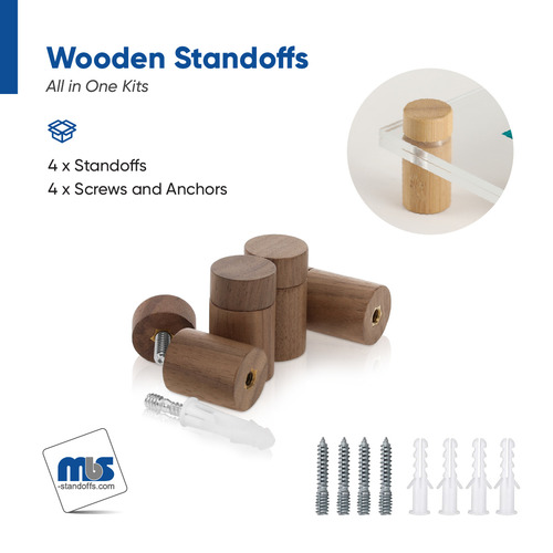 (Set of 4) 3/4'' Diameter X 1'' Barrel Length, Wooden Flat Head Standoffs, Matte Walnut Wood Finish, Easy Fasten Standoff, Included Hardware (For Inside Use) [Required Material Hole Size: 5/16'']