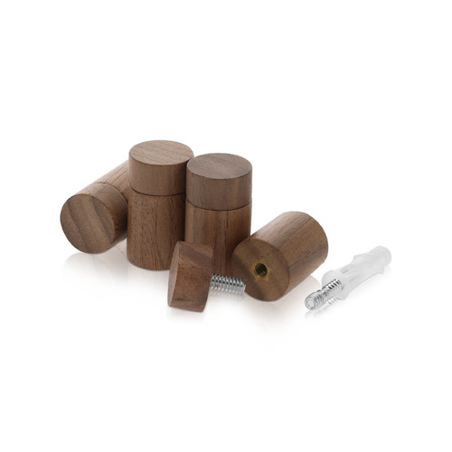 (Set of 4) 3/4'' Diameter X 1'' Barrel Length, Wooden Flat Head Standoffs, Matte Walnut Wood Finish, Easy Fasten Standoff, Included Hardware (For Inside Use) [Required Material Hole Size: 5/16'']