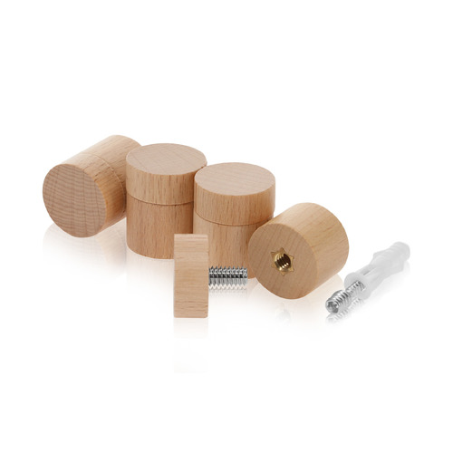 (Set of 4) 1'' Diameter X 3/4'' Barrel Length, Wooden Flat Head Standoffs, Matte Beech Wood Finish, Easy Fasten Standoff, Included Hardware (For Inside Use) [Required Material Hole Size: 5/16'']