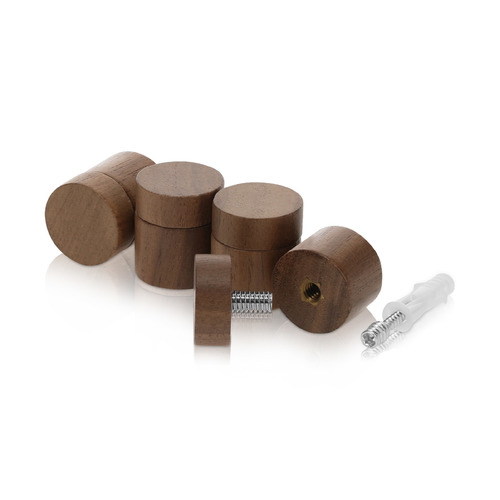 (Set of 4) 1'' Diameter X 3/4'' Barrel Length, Wooden Flat Head Standoffs, Matte Walnut Wood Finish, Easy Fasten Standoff, Included Hardware (For Inside Use) [Required Material Hole Size: 5/16'']