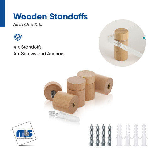 (Set of 4) 1'' Diameter X 1'' Barrel Length, Wooden Flat Head Standoffs, Matte Beech Wood Finish, Easy Fasten Standoff, Included Hardware (For Inside Use) [Required Material Hole Size: 5/16'']