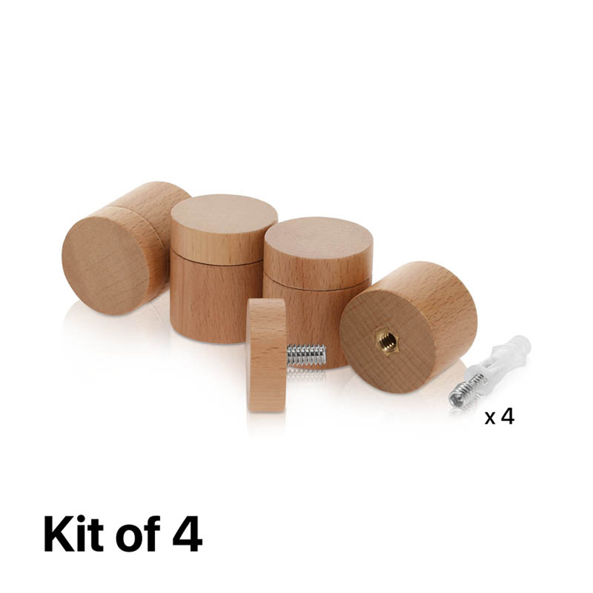 (Set of 4) 1-1/4'' Diameter X 1'' Barrel Length, Wooden Flat Head Standoffs, Matte Beech Wood Finish, Easy Fasten Standoff, Included Hardware (For Inside Use) [Required Material Hole Size: 5/16'']