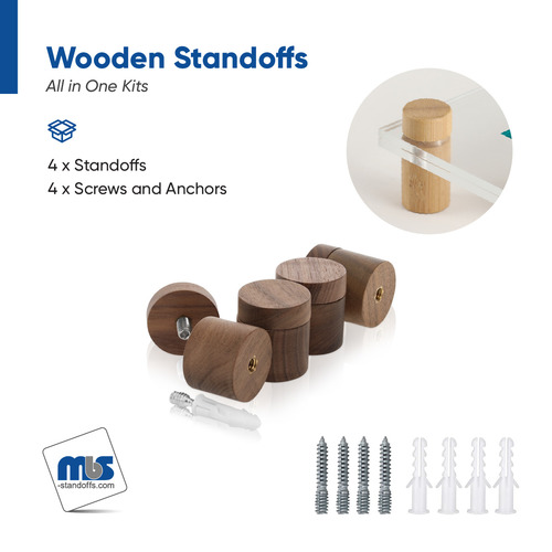 (Set of 4) 1-1/4'' Diameter X 1'' Barrel Length, Wooden Flat Head Standoffs, Matte Walnut Wood Finish, Easy Fasten Standoff, Included Hardware (For Inside Use) [Required Material Hole Size: 5/16'']