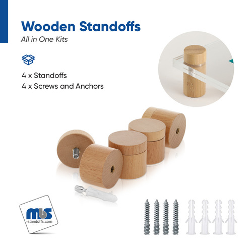 (Set of 4) 1-1/2'' Diameter X 1'' Barrel Length, Wooden Flat Head Standoffs, Matte Beech Wood Finish, Easy Fasten Standoff, Included Hardware (For Inside Use) [Required Material Hole Size: 5/16'']