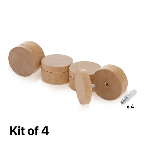 (Set of 4) 2'' Diameter X 3/4'' Barrel Length, Wooden Flat Head Standoffs, Matte Beech Wood Finish, Easy Fasten Standoff, Included Hardware (For Inside Use) [Required Material Hole Size: 5/16'']