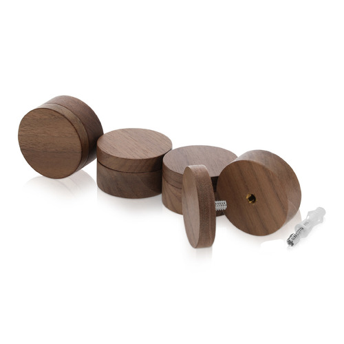 (Set of 4) 2'' Diameter X 3/4'' Barrel Length, Wooden Flat Head Standoffs, Matte Walnut Wood Finish, Easy Fasten Standoff, Included Hardware (For Inside Use) [Required Material Hole Size: 5/16'']