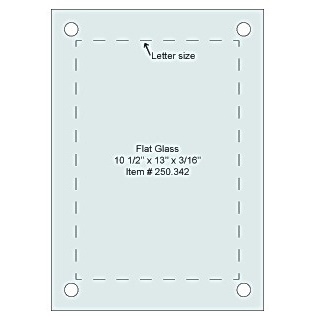 Flat Tempered Glass 10 1/2'' x 13'', 4 pre-drilled 3/8 holes