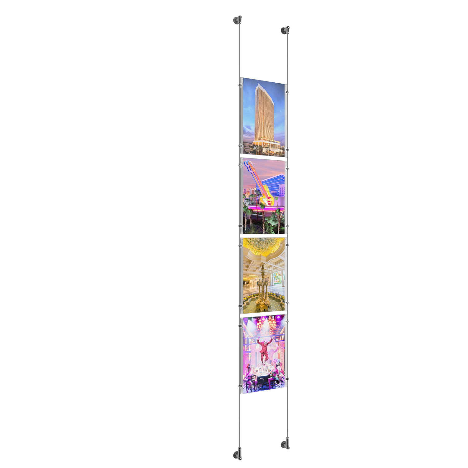 (4) 11'' Width x 17'' Height Clear Acrylic Frame & (2) Wall-to-Wall Aluminum Clear Anodized Cable Systems with (16) Single-Sided Panel Grippers