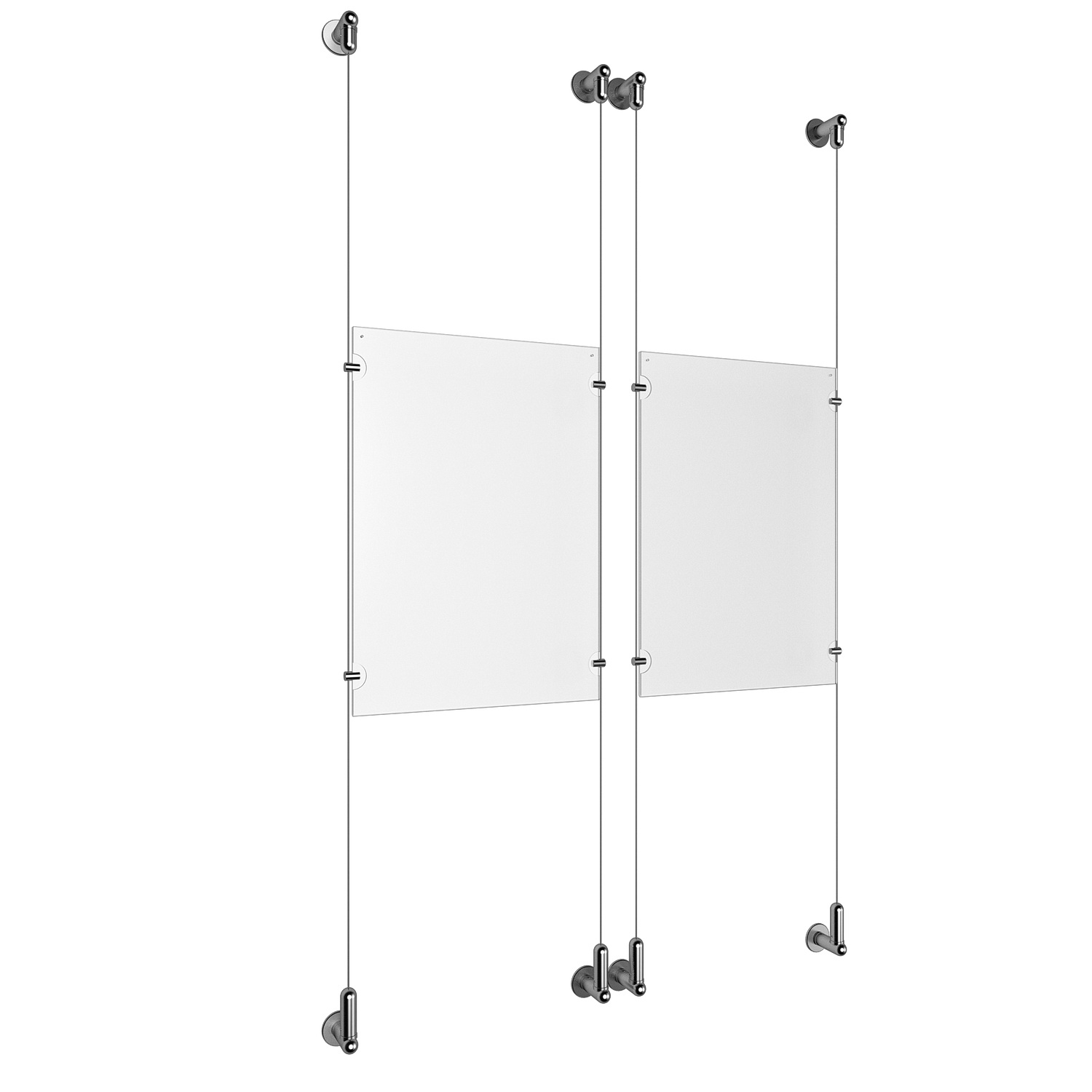 (2) 11'' Width x 17'' Height Clear Acrylic Frame & (4) Wall-to-Wall Aluminum Clear Anodized Cable Systems with (8) Single-Sided Panel Grippers