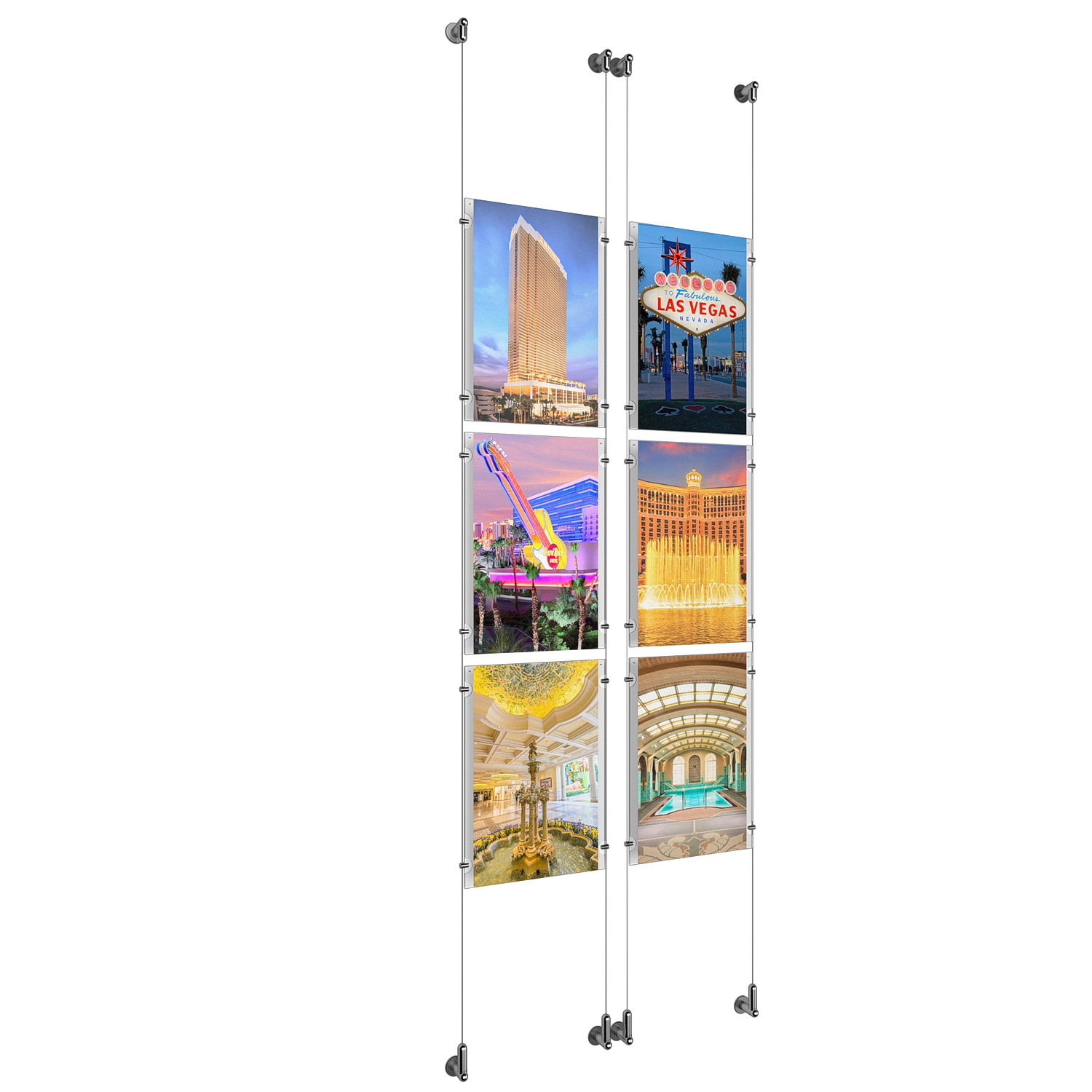 (6) 11'' Width x 17'' Height Clear Acrylic Frame & (4) Wall-to-Wall Aluminum Clear Anodized Cable Systems with (24) Single-Sided Panel Grippers