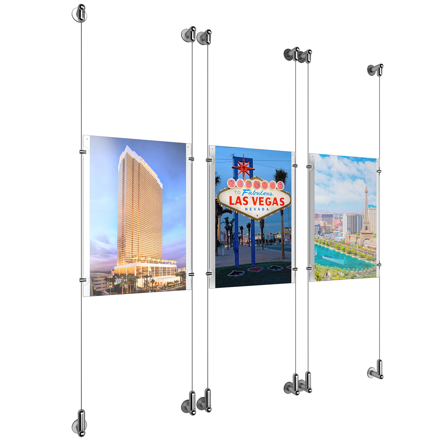 (3) 11'' Width x 17'' Height Clear Acrylic Frame & (6) Wall-to-Wall Aluminum Clear Anodized Cable Systems with (12) Single-Sided Panel Grippers