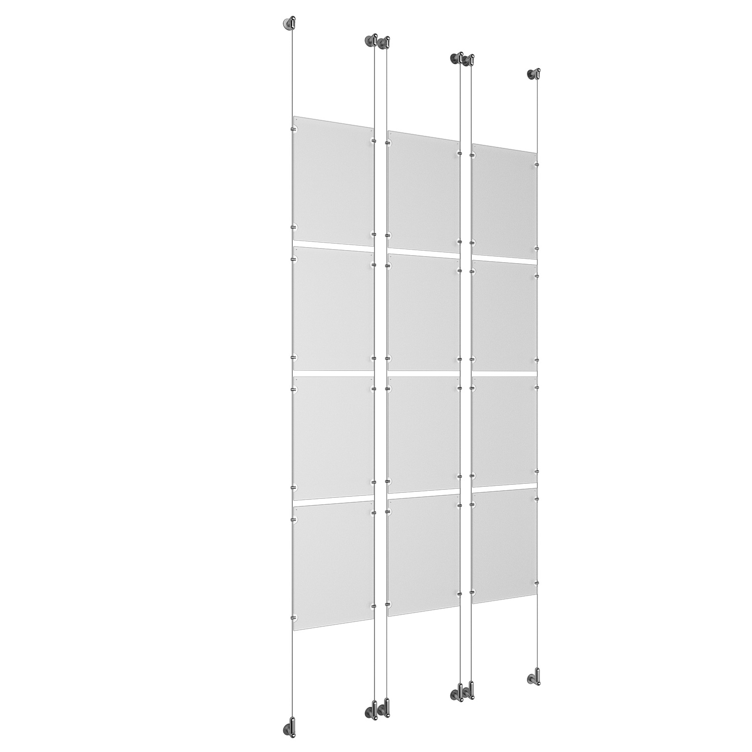 (12) 11'' Width x 17'' Height Clear Acrylic Frame & (6) Wall-to-Wall Aluminum Clear Anodized Cable Systems with (48) Single-Sided Panel Grippers