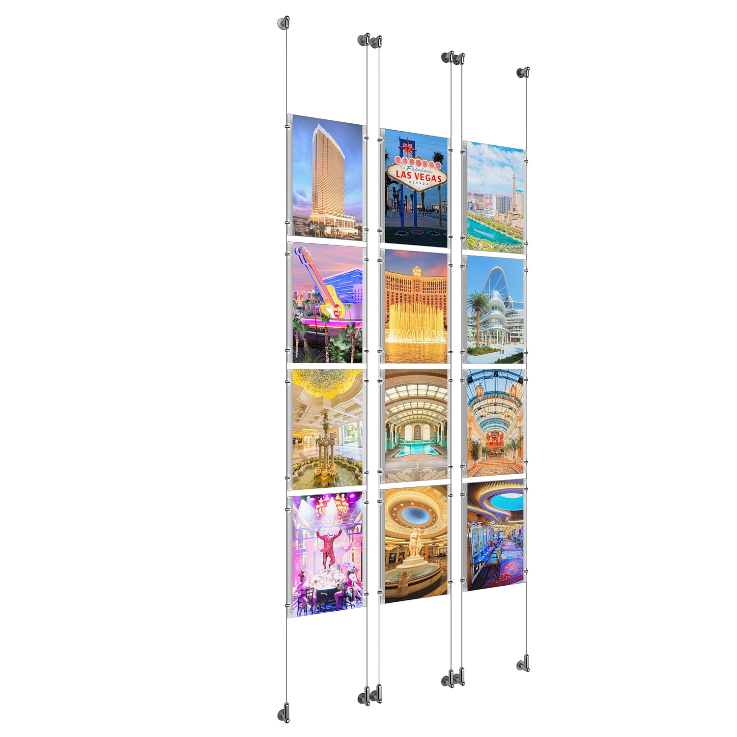 (12) 11'' Width x 17'' Height Clear Acrylic Frame & (6) Wall-to-Wall Aluminum Clear Anodized Cable Systems with (48) Single-Sided Panel Grippers