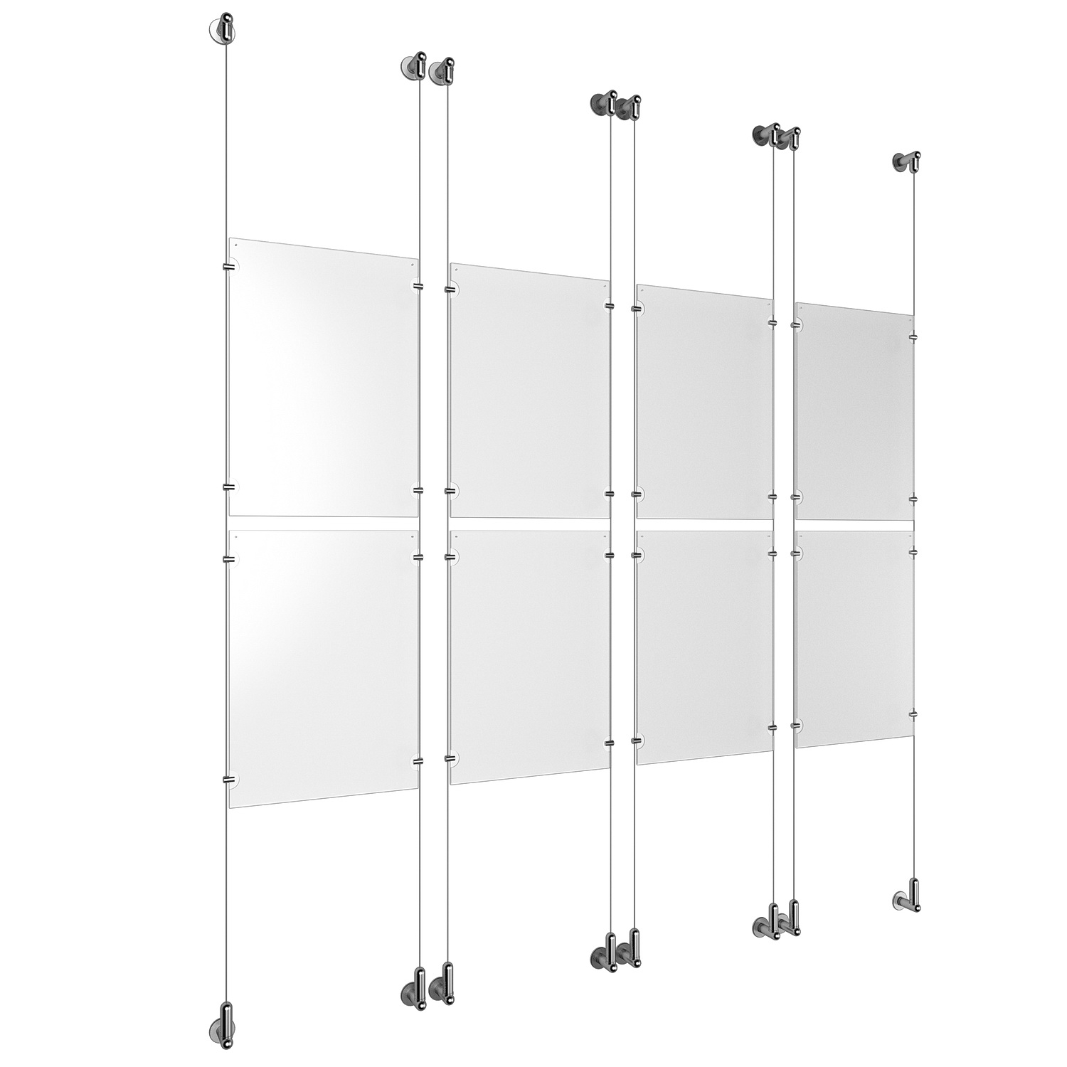 (8) 11'' Width x 17'' Height Clear Acrylic Frame & (8) Wall-to-Wall Aluminum Clear Anodized Cable Systems with (32) Single-Sided Panel Grippers