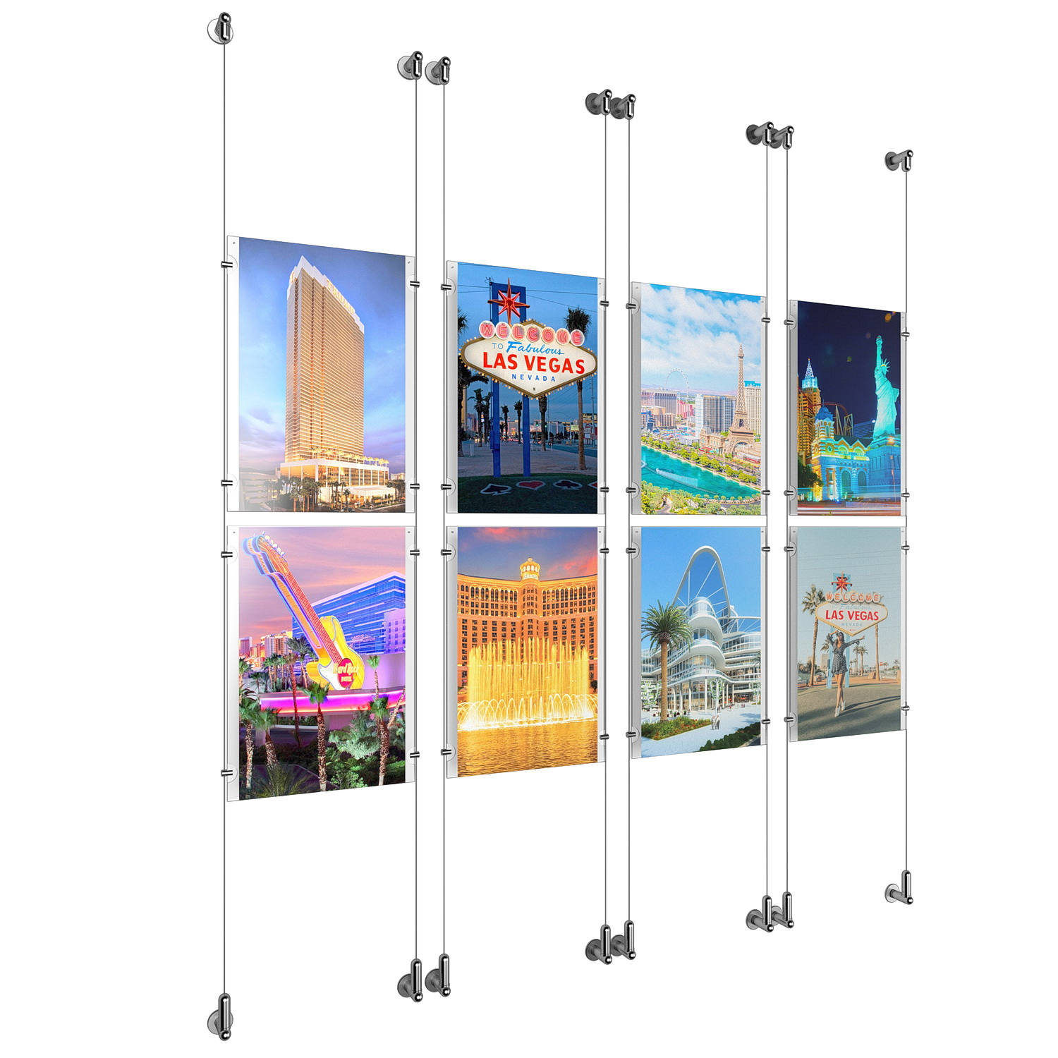 (8) 11'' Width x 17'' Height Clear Acrylic Frame & (8) Wall-to-Wall Aluminum Clear Anodized Cable Systems with (32) Single-Sided Panel Grippers