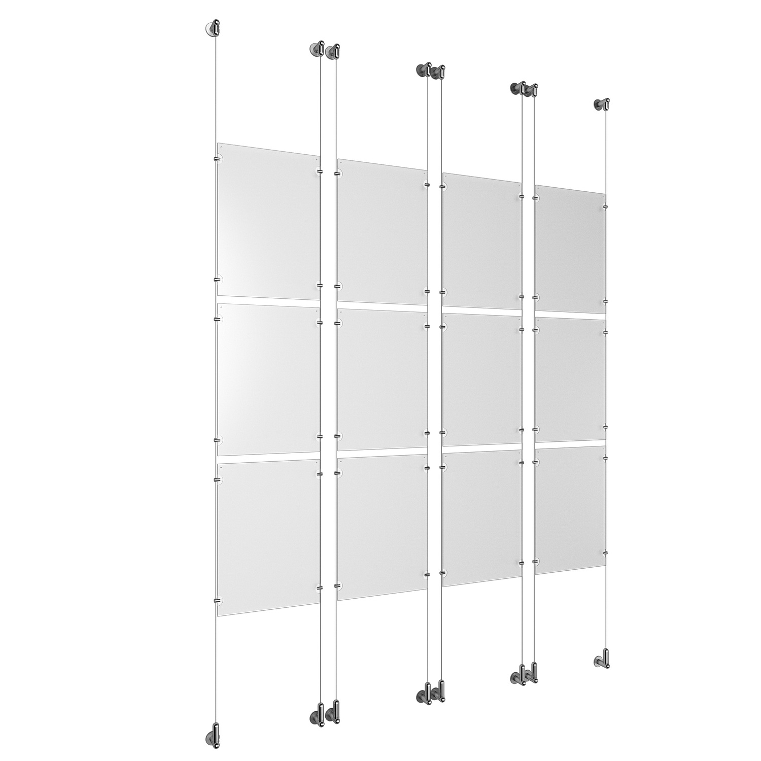 (12) 11'' Width x 17'' Height Clear Acrylic Frame & (8) Wall-to-Wall Aluminum Clear Anodized Cable Systems with (48) Single-Sided Panel Grippers