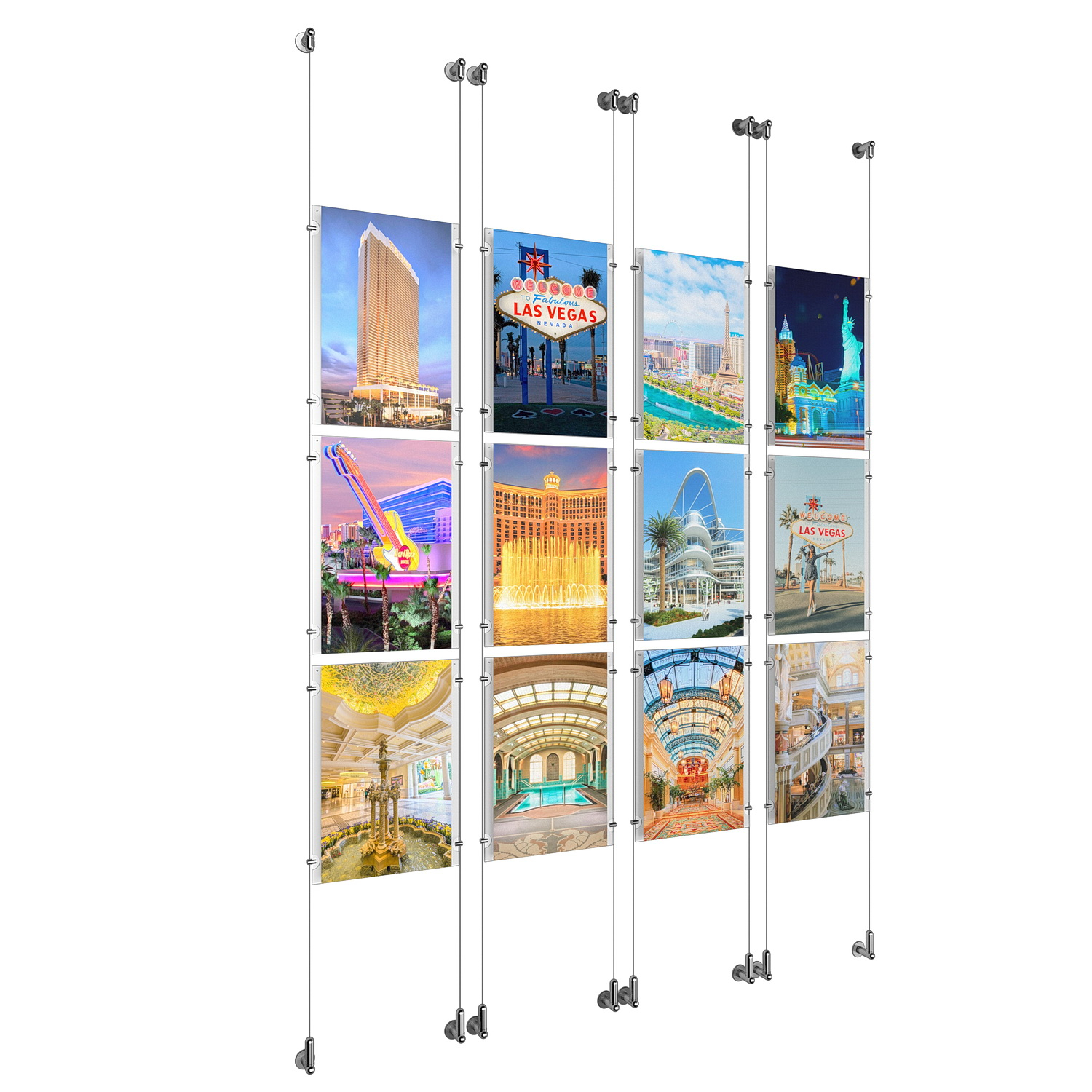 (12) 11'' Width x 17'' Height Clear Acrylic Frame & (8) Wall-to-Wall Aluminum Clear Anodized Cable Systems with (48) Single-Sided Panel Grippers