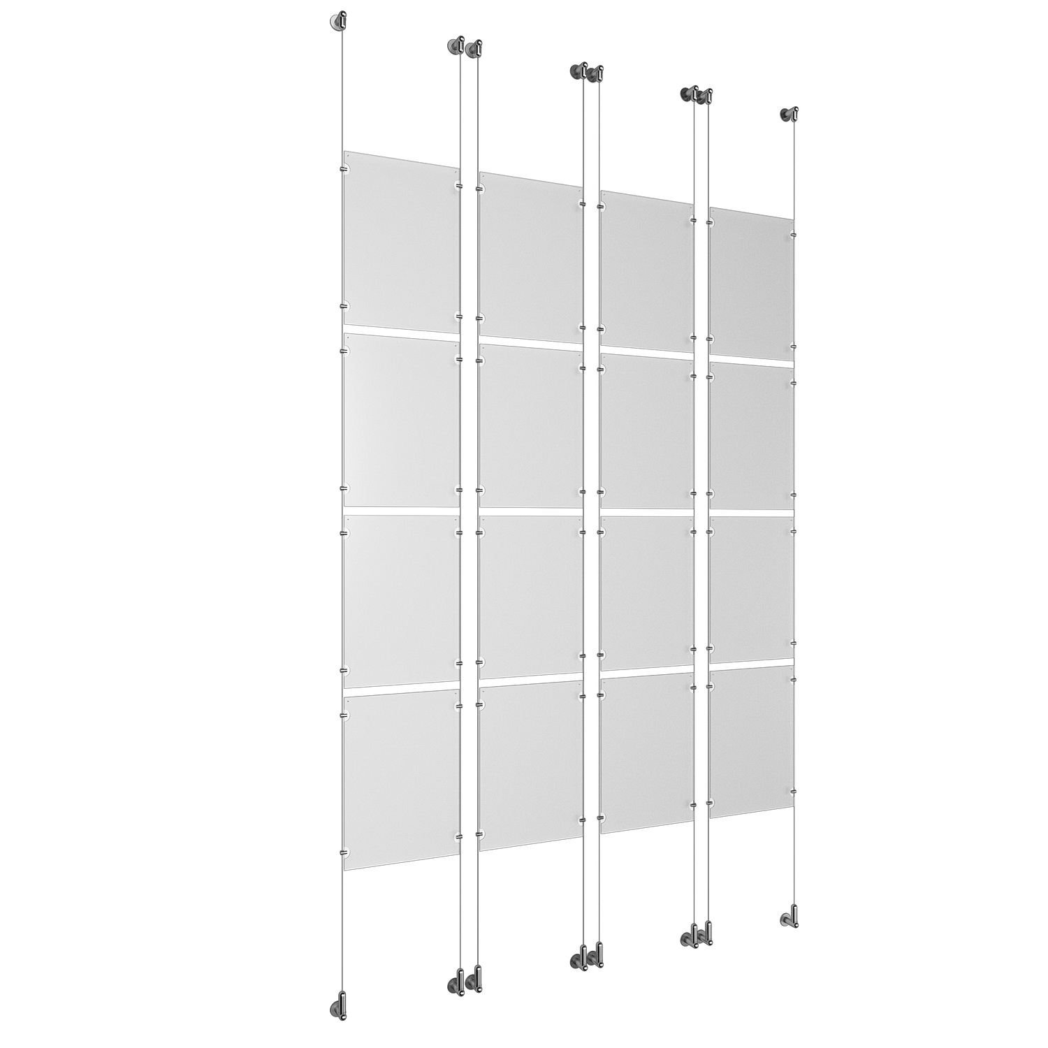 (16) 11'' Width x 17'' Height Clear Acrylic Frame & (8) Wall-to-Wall Aluminum Clear Anodized Cable Systems with (64) Single-Sided Panel Grippers
